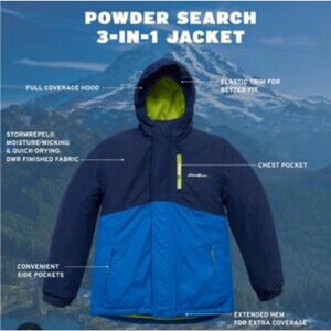 NEW! BOYS EDDIE BAUER PUFFER JACKET SIZE S 7/8 BLUE NAVY POWDER SEARCH" 3-IN-1